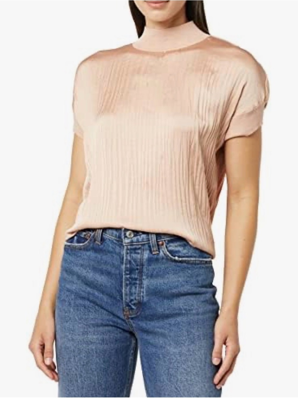 VINCE  Ribbed Mock Neck Satin  Popover Top Size S/P